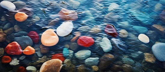 Leinwandbilder - Top view of colorful sea stones under the water Transparent sea water with reflections. Creative banner. Copyspace image