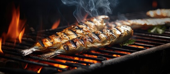 Sticker - sea fish mackerel grilled Fish frying on charcoal Fish cooked with spices on fire food festival. Creative banner. Copyspace image