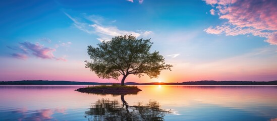 Aufkleber - Sunset by the lake with blue sky and tree. Creative banner. Copyspace image