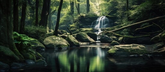 Poster - small waterfall forest. Creative banner. Copyspace image