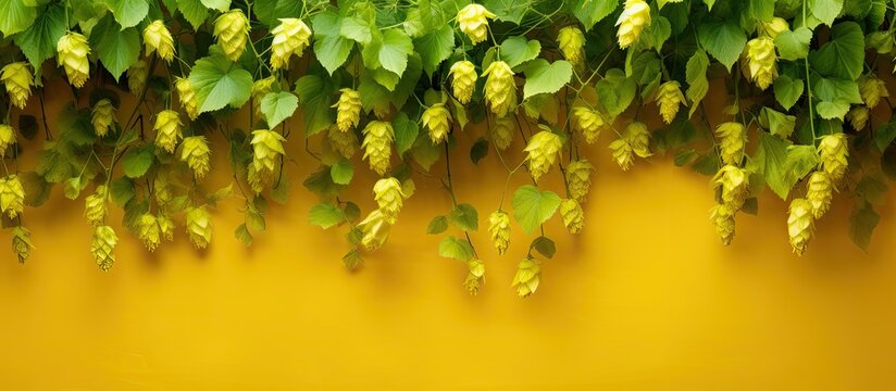 Yellow building wall with overgrown green hops. Creative banner. Copyspace image
