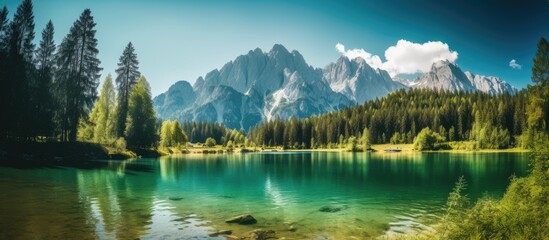 Poster - View of zugspitze with forrest and lake in foreground. Creative banner. Copyspace image