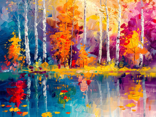 Oil painting colorful autumn trees. Semi abstract image of forest, aspen trees with yellow - red leaf and lake. Autumn, Fall season nature background Oil color painting. Generative AI.