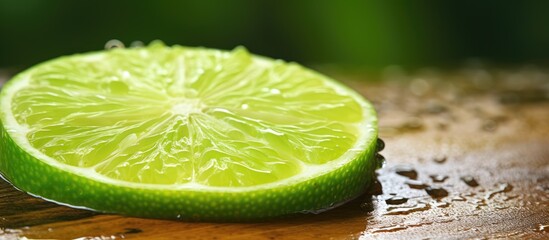 Wall Mural - close up slice lime with seed on wooden cutting board. Creative banner. Copyspace image
