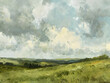 © mfz - oil painting of an English countryside view with a cloudy sky and muted green colour tone Oil color painting. Generative AI.