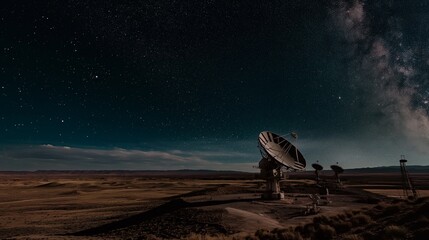 An aerial view of a large antenna array in a remote desert, used for deep space communications, under a starlit sky.
