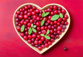 Poster - A heart-shaped plate filled with ripe cranberries on a red berry background