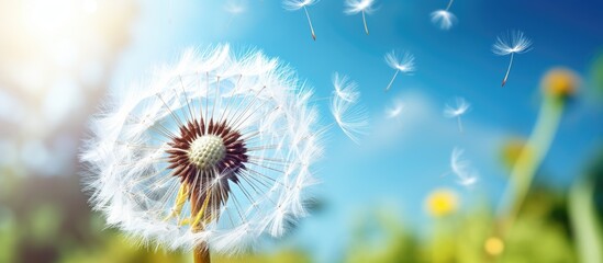 Fototapete - Bee collects pollen from a dandelion bright vivid colors close up view. Creative banner. Copyspace image
