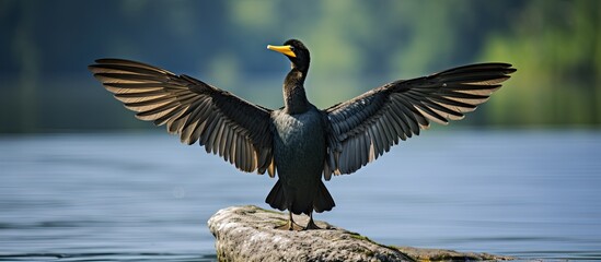 Poster - Little Cormorant with open wings. Creative banner. Copyspace image