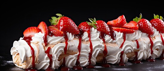 Aufkleber - Homemade Meringue roll garnished with strawberry slices. Creative banner. Copyspace image