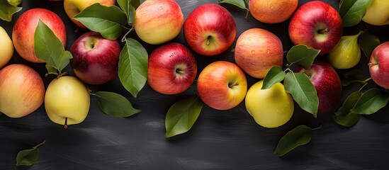 Aufkleber - Top view on delicious red yellow and green organic apples with leaves. Creative banner. Copyspace image