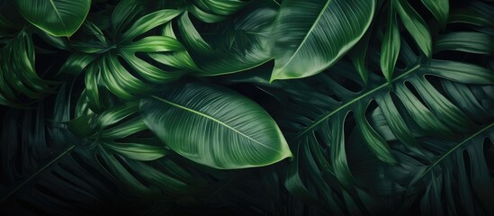 Aufkleber - closeup nature view of green leaf Flat lay dark nature concept tropical leaf. Creative banner. Copyspace image