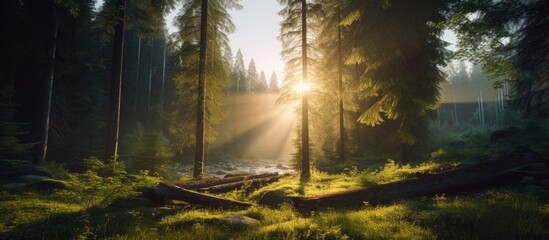 Fototapete - Nature Mountain Landscape Sunlight in the forest. Creative banner. Copyspace image