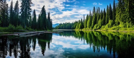 Aufkleber - clouds and forest are reflected in the water mirror. Creative banner. Copyspace image