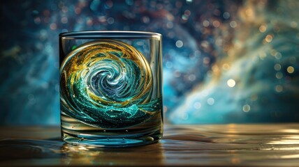 Artistic glassware with intricate swirl pattern, blue and gold colors