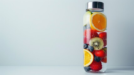 Wall Mural - Glass bottle filled with water and assorted sliced fruits for refreshing healthy hydration