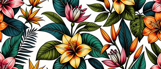 Wall Mural - Unique hand drawn exotic flowers pattern. Dynamic botanical print. Fashionable template for design.