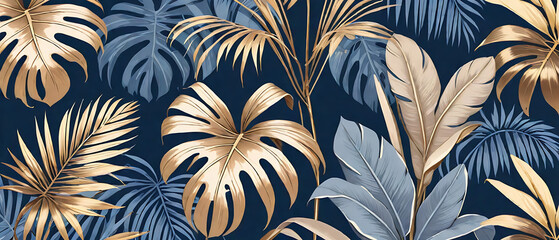 Wall Mural - Tropical floral wallpaper. Illustrations of plants, palm leaves and flowers for poster, greeting card, background or invitation. Muted trendy blue, beige, gold and bronze colors