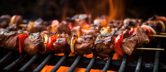 Poster - Cooking meat skewers on skewers on the grill. Creative banner. Copyspace image