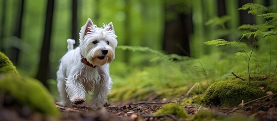 Poster - West highland white terrier in the forest. Creative banner. Copyspace image