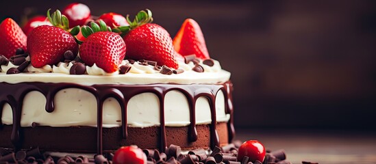Poster - Strawberry cake with chocolate decoration selective focus. Creative banner. Copyspace image