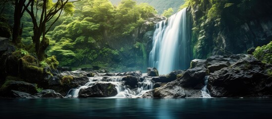 Wall Mural - Beautiful waterfall from the nature. Creative banner. Copyspace image
