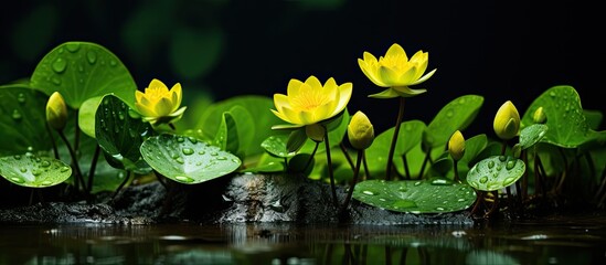 Poster - Nymphoides indica Small lotus in lotus leaves round shape thick green in color yellow flowers Is a small water tumbler The trunk is a bouquet of flowers with petals Full bloom. Creative banner