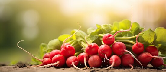 Poster - Bunch of red organic radish food closeup. Creative banner. Copyspace image