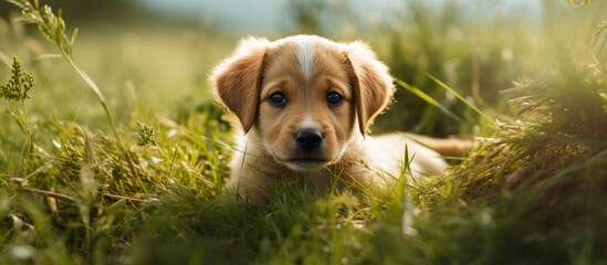 Poster - Portrait of a small puppy in the grass in nature. Creative banner. Copyspace image