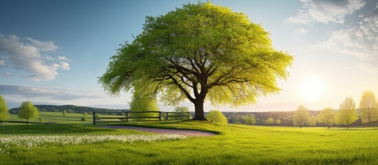 Poster - Under the green linden on a background of colorful meadows Nice view in the park on a sunny spring day. Creative banner. Copyspace image
