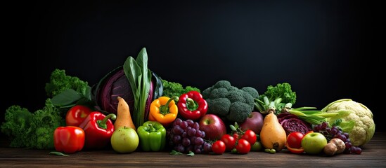 Wall Mural - fresh fruits and vegetables black background. Creative banner. Copyspace image