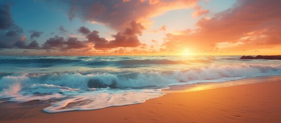 Poster - seascape with sandy beach at sunset. Creative banner. Copyspace image