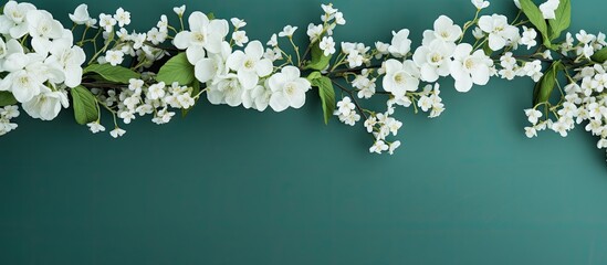 Poster - white flowers on green background. Creative banner. Copyspace image