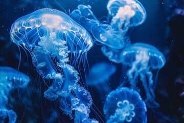 Wall Mural - jellyfish in the water glowing with neon purple blue light underwater with copy space