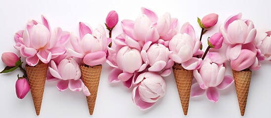 Aufkleber - Ice cream cone with spring pink magnolia flowers composition on white background Minimal spring concept Flat lay top view. Creative banner. Copyspace image