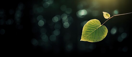 Wall Mural - sun light on leaf with black background. Creative banner. Copyspace image