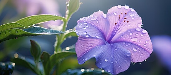 Aufkleber - kencana ungu flower in latin name is Ruellia Angstifolia take in focus close up flower in the morning with few dew drop. Creative banner. Copyspace image
