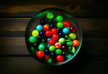 Wall Mural - A bowl filled with colorful glass marbles on a dark wooden floor
