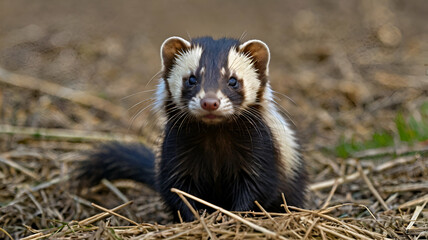 The stripped polecat closeup photo Skunks are mammals in the family Mephitidae. They are known for their ability to spray a liquid with a strong,landscape forest green grass background GENERATE AI,
