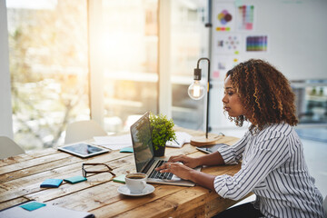 Poster - Woman, laptop and typing in coffee shop for social media post, communication or online news and email. Female person, technology and writing message for internet research, web browsing or networking