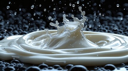 High contrast image of a milk splash against a black backdrop, highlighting purity and freshness of the droplets