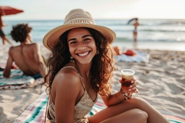 Portrait of happy woman enjoying friends on a picnic blanket at the beach.