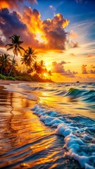 Wall Mural - Tropical beach with palm trees and vibrant sunset