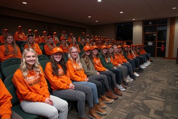 Group of Young Women Wearing Orange Sweatshirts and Hats Sitting in Auditorium Seats