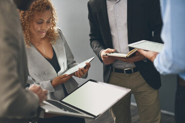 Fototapete - Business people, screen and teamwork with technology, notebook and sharing information. Collaboration, human resources staff and laptop, notes and tablet for preparation of meeting in office