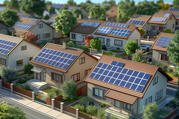 Wall Mural - Model of a charming suburban neighborhood with modern homes equipped with solar panels, showcasing sustainable living and eco-friendly design