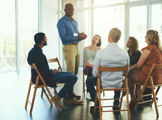 Poster - Meeting, people and collaboration speaking in office for teamwork, communication and diversity. Group, men and woman in boardroom discussion for company planning, brainstorming and working together