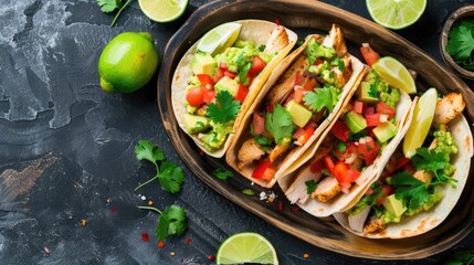 Wall Mural - Delicious Mexican tacos with meat, beans and vegetables on a dark background. Close up