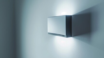 Wall Mural - An isolated image of a modern wireless access point mounted on a minimalistic white wall, with soft light illuminating its sleek design.