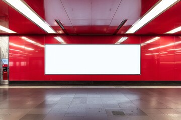 Blank Billboard in Modern Red Subway Station for Advertisement Display